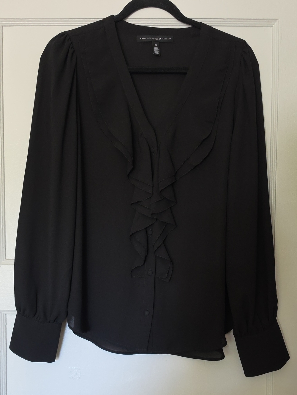 White House Black Market Black Ruffle V-Neck Blouse